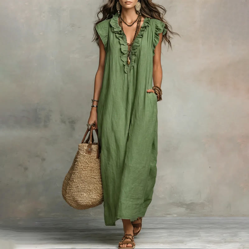 Women's Solid V-neck Sleeveless Ruffled Maxi Dress - Light Green - 2XL - image 8