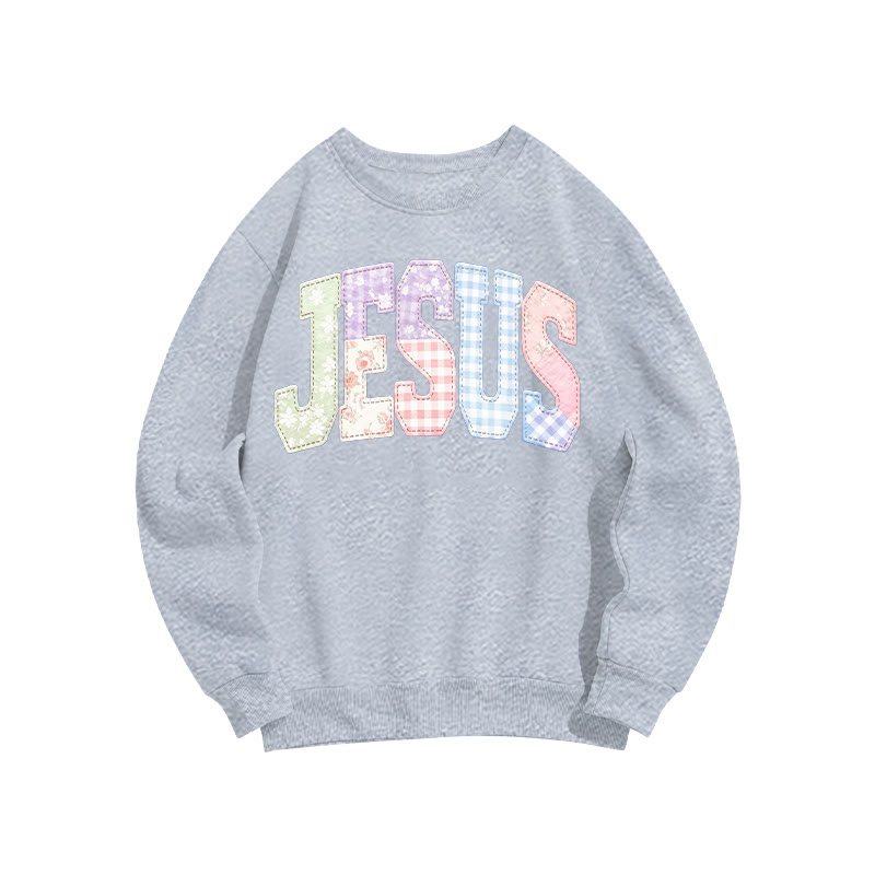 Christian Sublimation Jesus Faux Embroidered Patchwork Print Sweatshirt - Grey - US16-18(2XL) - image 7