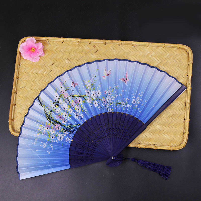 Women Silk Cloth Ancient Style Japanese Floral Folding Fan - Blue - image 2