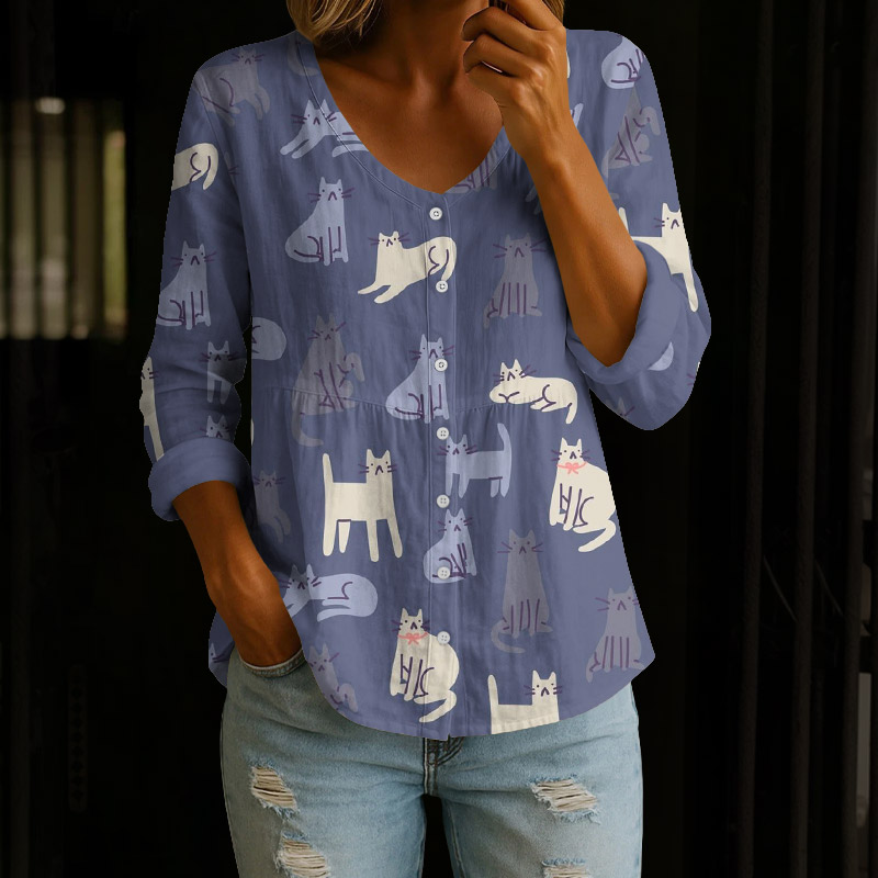 Creative Unhappy Cat Print Button V-neck A-line Long Sleeve Blouse - Blue - 4XL - image 1