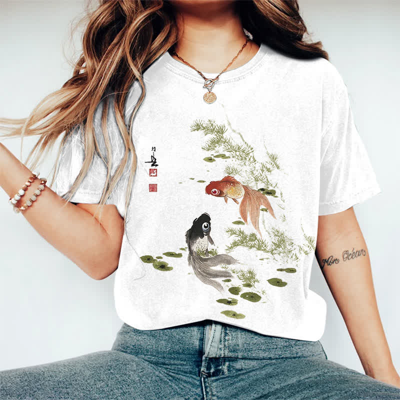 100% Cotton Japanese Koi Art Print Casual T-shirt - White - 2XL - image 7