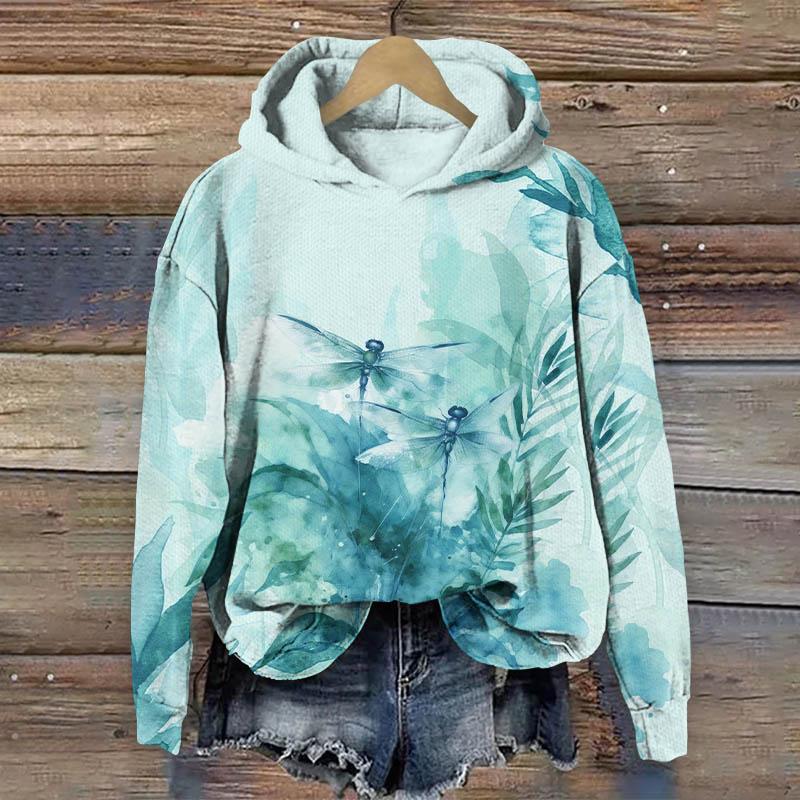Watercolor Dragonfly Field Scenery Art Print Long Sleeve Hoodie - Blue - US44-46(8XL) - image 2