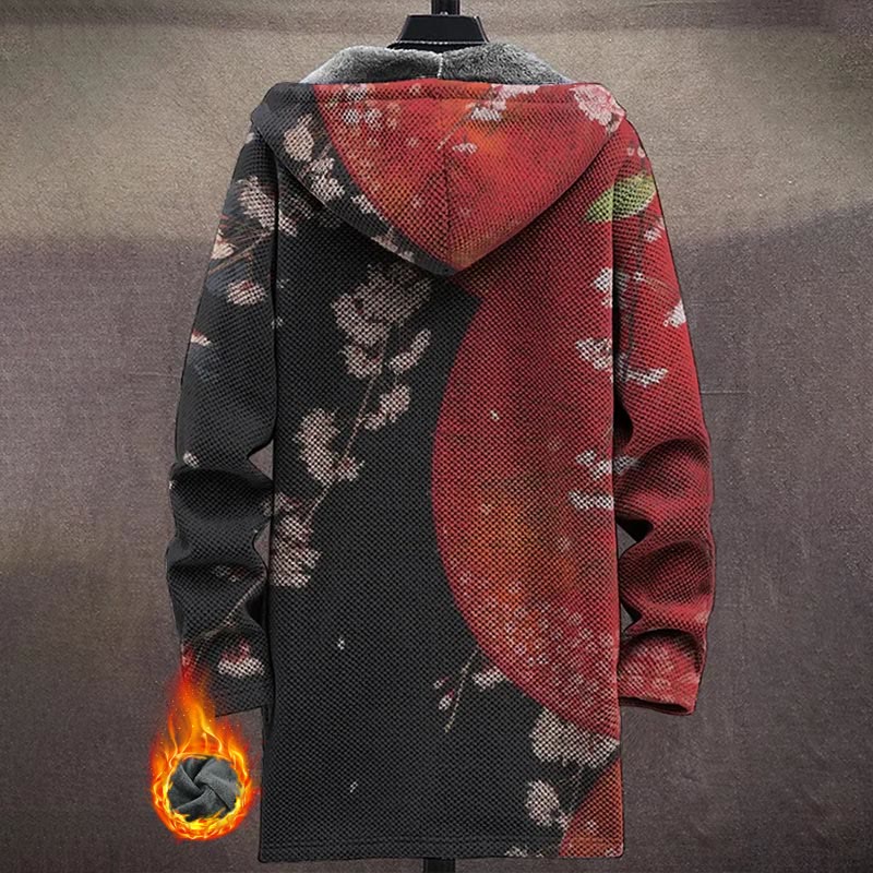 Retro Japanese Style Red And Black Splicing Floral Art Print Unisex Plush Thick Long-sleeved Fleece Jacket Coat - image 3