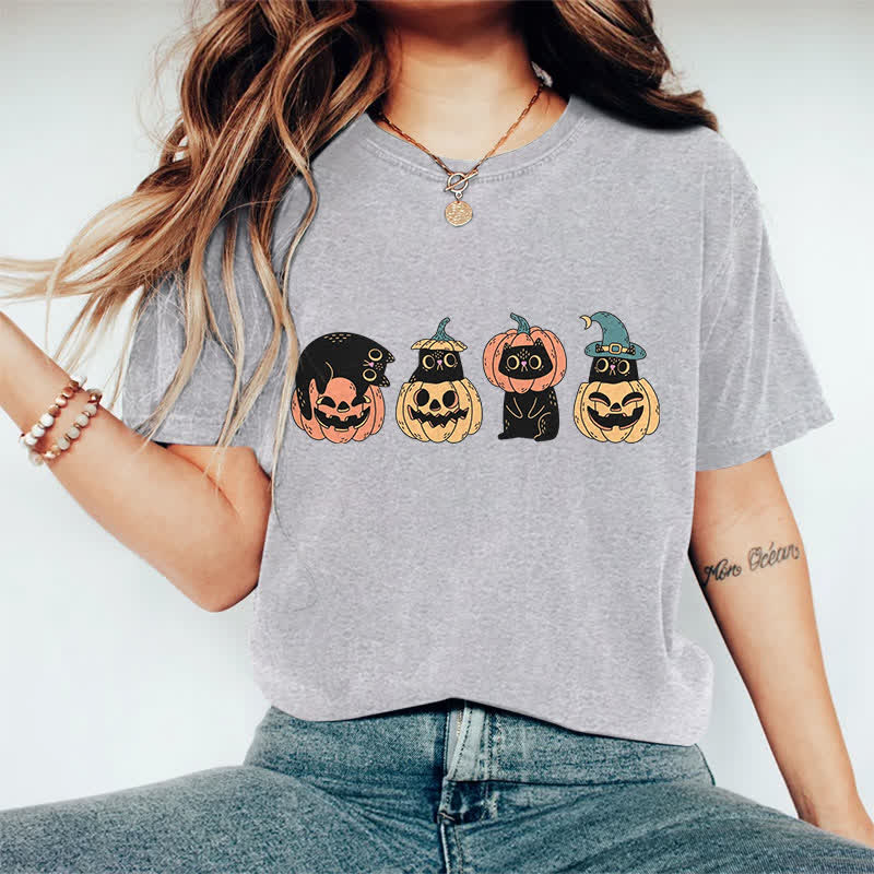 100% Cotton Halloween Funny Black Kitten & Pumpkin Art Print T-shirt - Grey - 2XL - image 7