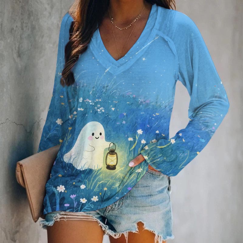 Halloween Lovely Ghost Holding Kerosene Lamp Art Print Long Sleeve T-shirt - Sky Blue - 5XL - image 5