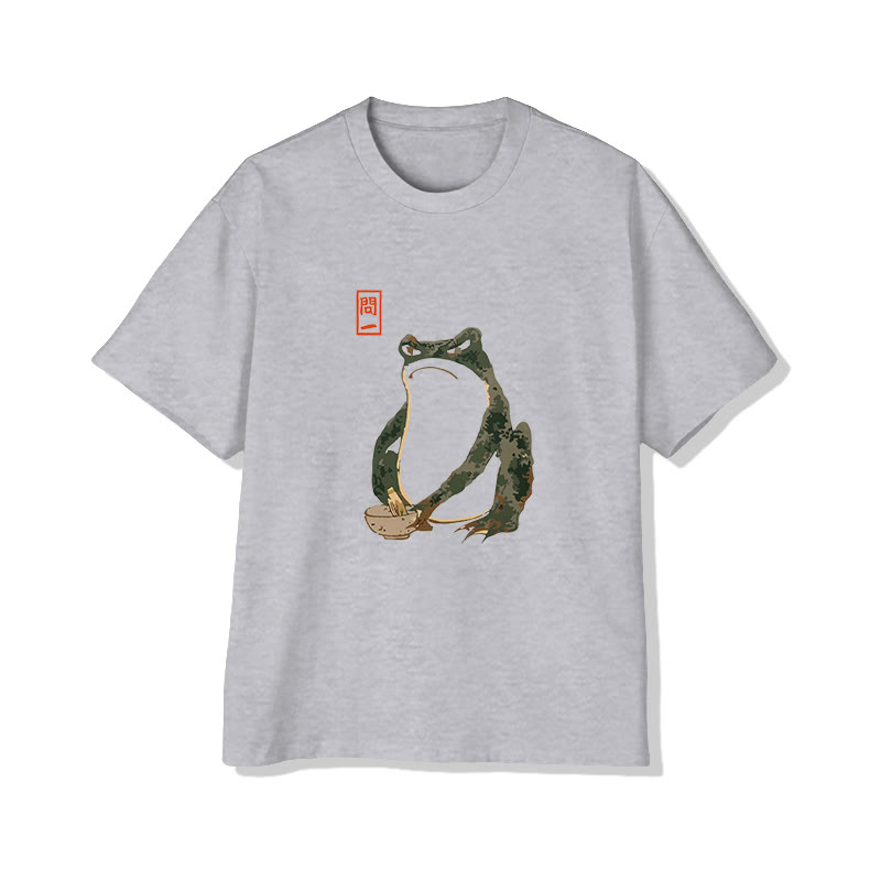 Unisex Japanese Art Cute Frog Short Sleeve Crew Neck T-shirt - Grey - 2XL - image 3