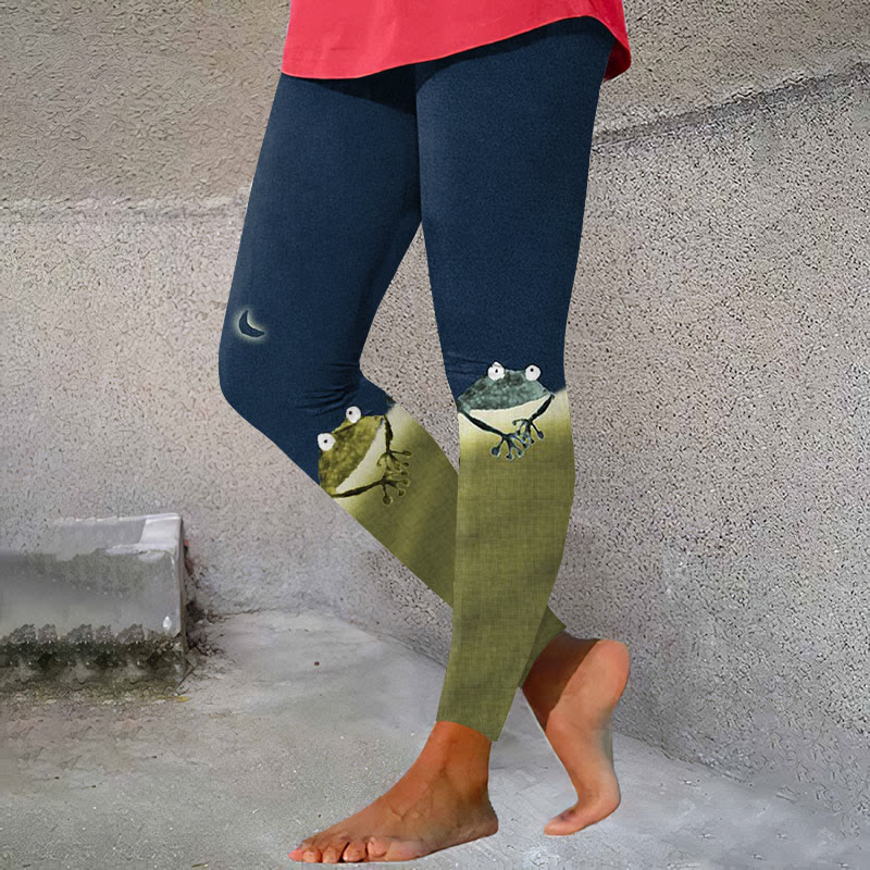 Simple Frog Color Block Print Casual Leggings
