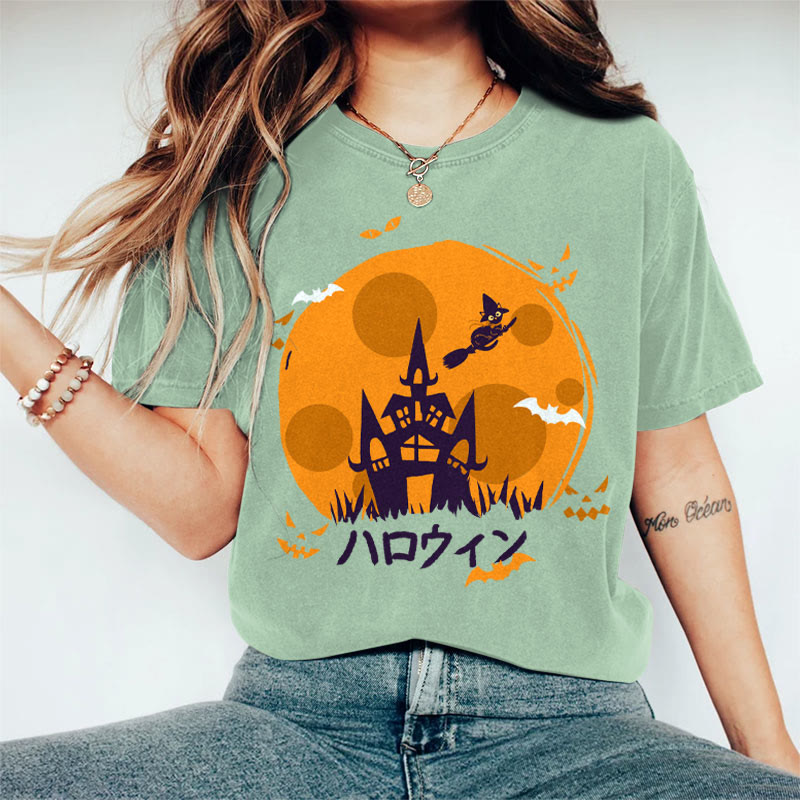 100% Cotton Women's  Halloween Magic Pumpkin Castle Art Print Casual T-shirt - Green - 2XL - image 5
