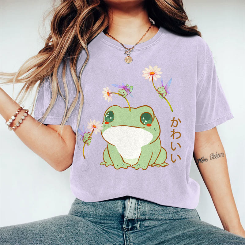 100% Cotton Women's  Japanese Lovely Floral Frogs Art Print Casual T-shirt - Purple - 2XL - image 4