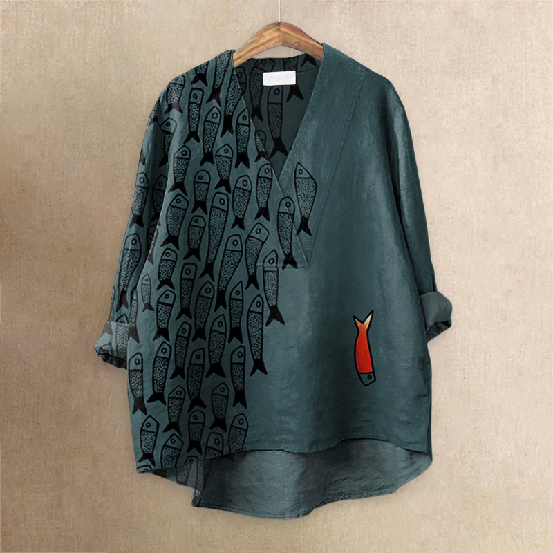 Cute Simple Lines Abstract Geometric Fish Art Printed Casual V-neck Blouse - Dark Green - 6XL - image 3