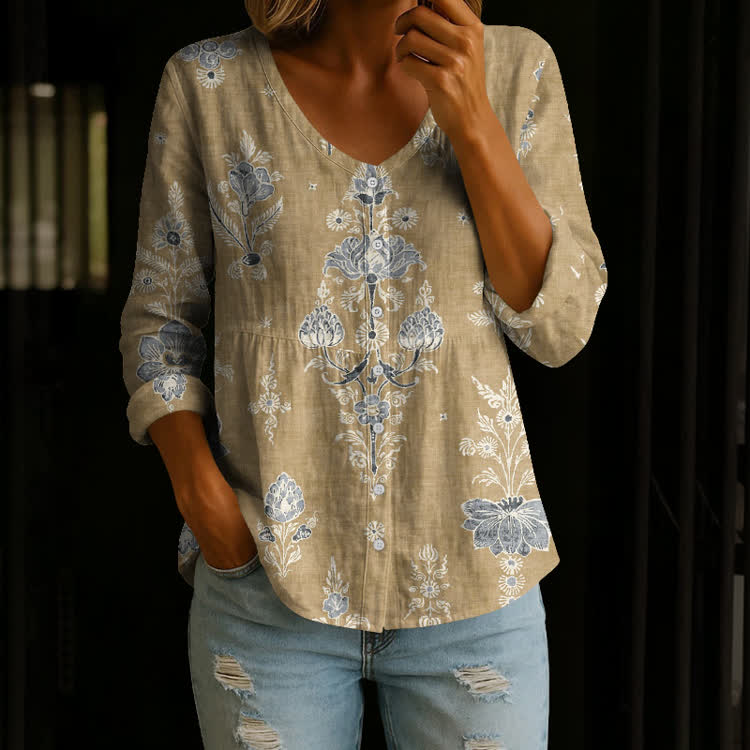 Boho Floral Vintage Pattern Print Button V-Neck A-line Long Sleeve Blouse - Yellow - US 26-28 (4XL) - image 3