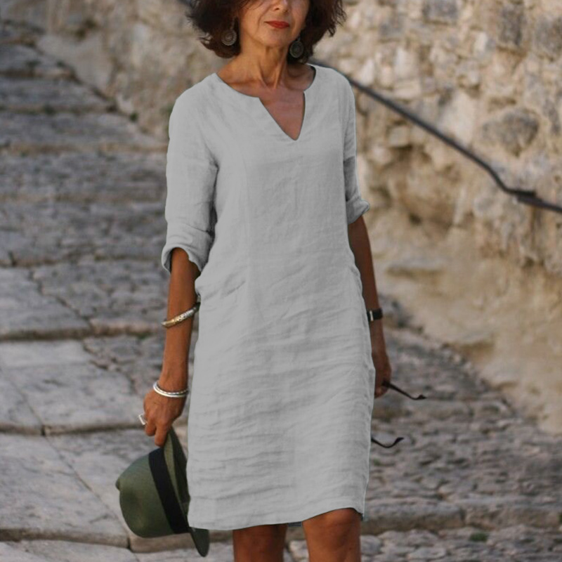 Solid Color Casual Half Sleeve V Neck Dress - Grey - 8XL - image 4