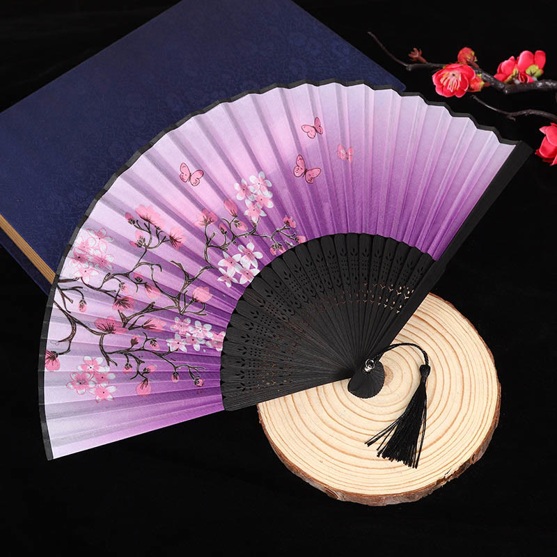 Women Ancient Style Cheongsam Japanese Floral Folding Fan - Light Purple - image 2
