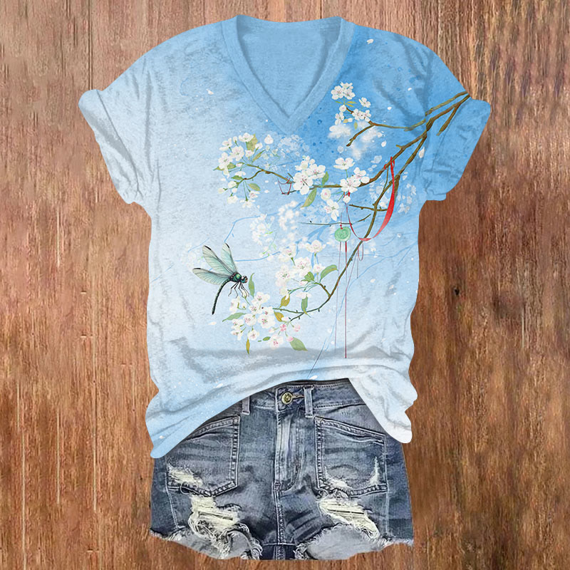 Japanese White Sakura & Dragonfly Print V-neck T-shirt Print V-neck T-shirt - Blue - US32-34(5XL) - image 2