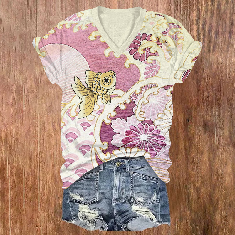 Romantic Japanese-style Waves And Fish Printed Short Sleeved V-neck T-shirt - Pink - US32-34(5XL) - image 1