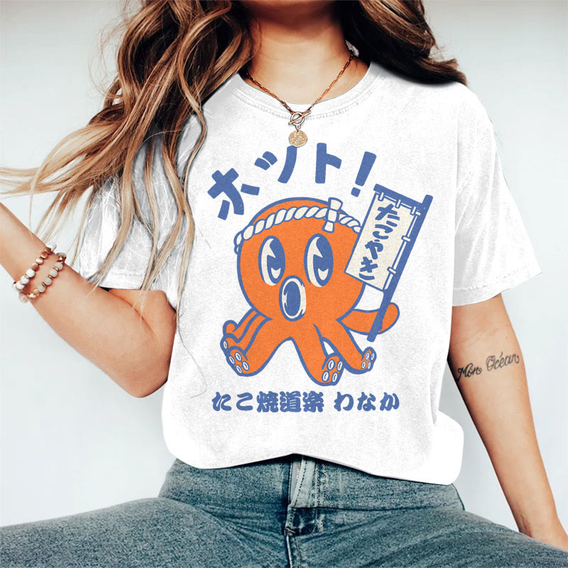 100% Cotton Women's  Japanese Octopus Holding Flag Art Print Casual T-shirt - White - 2XL - image 3