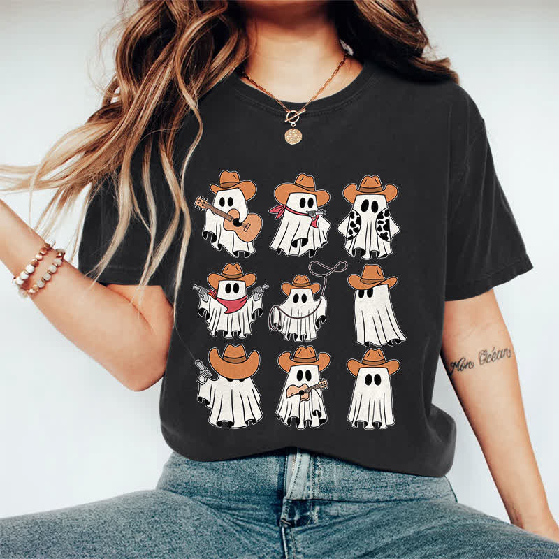 100% Cotton Halloween Funny Cowboy Ghost Art Print T-shirt - Black - 2XL - image 6