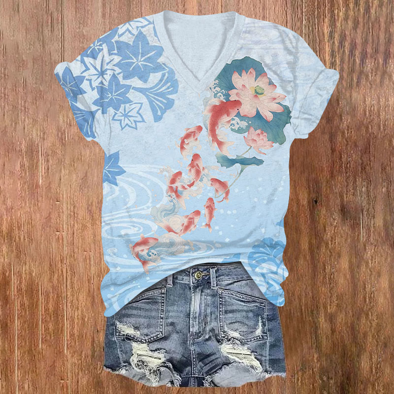 Japanese Watercolor Koi & Lotus Pond Print V-neck T-shirt - Blue - US32-34(5XL) - image 2