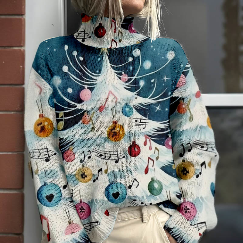 Women's Snowy Christmas Tree With Colorful Bells Print Turtleneck Pullover Sweater - image 2