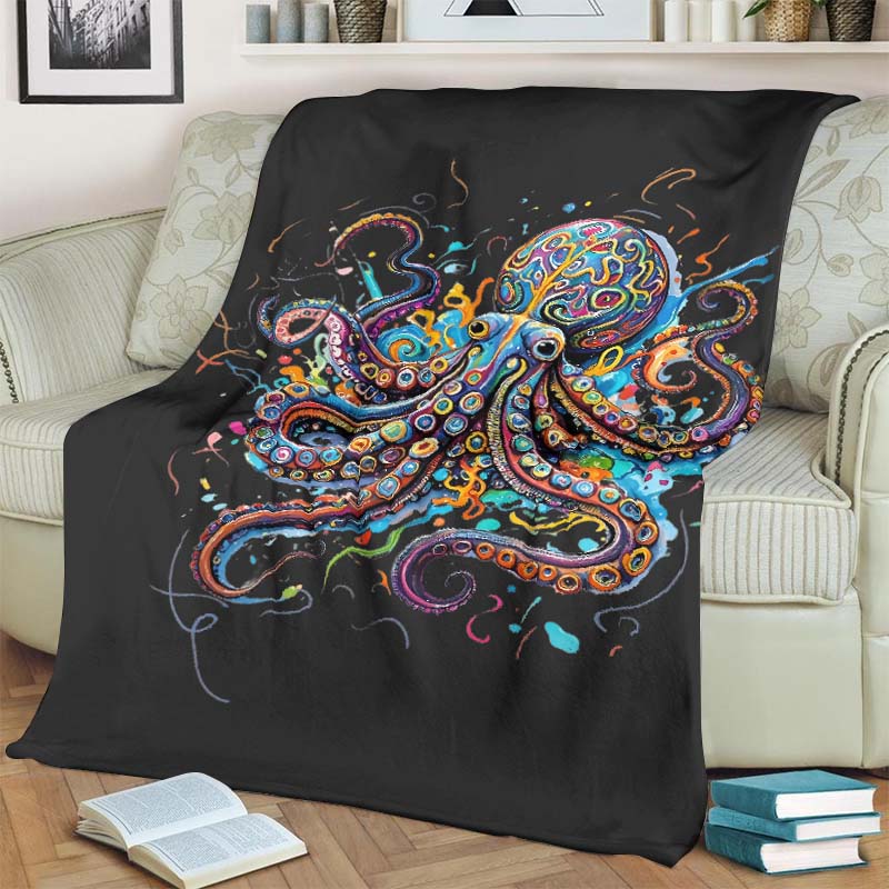 Vintage Rainbow Octopus Art Print Blanket - Black - 100*150cm - image 2
