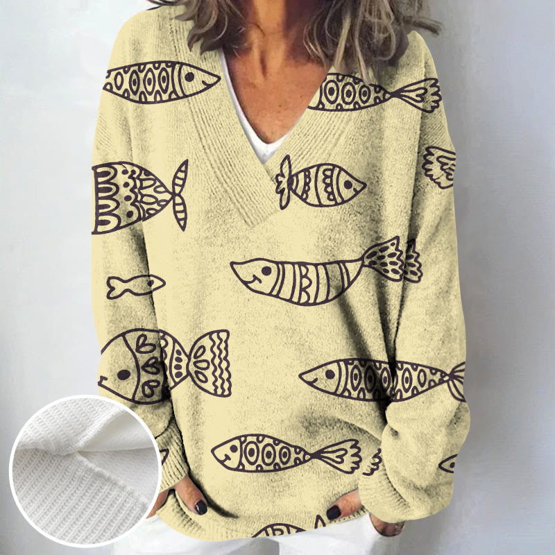 Women's Japanese Style Rubbing Fish Print Causal V-neck Pullover Sweater - Yellow - 4XL - image 3