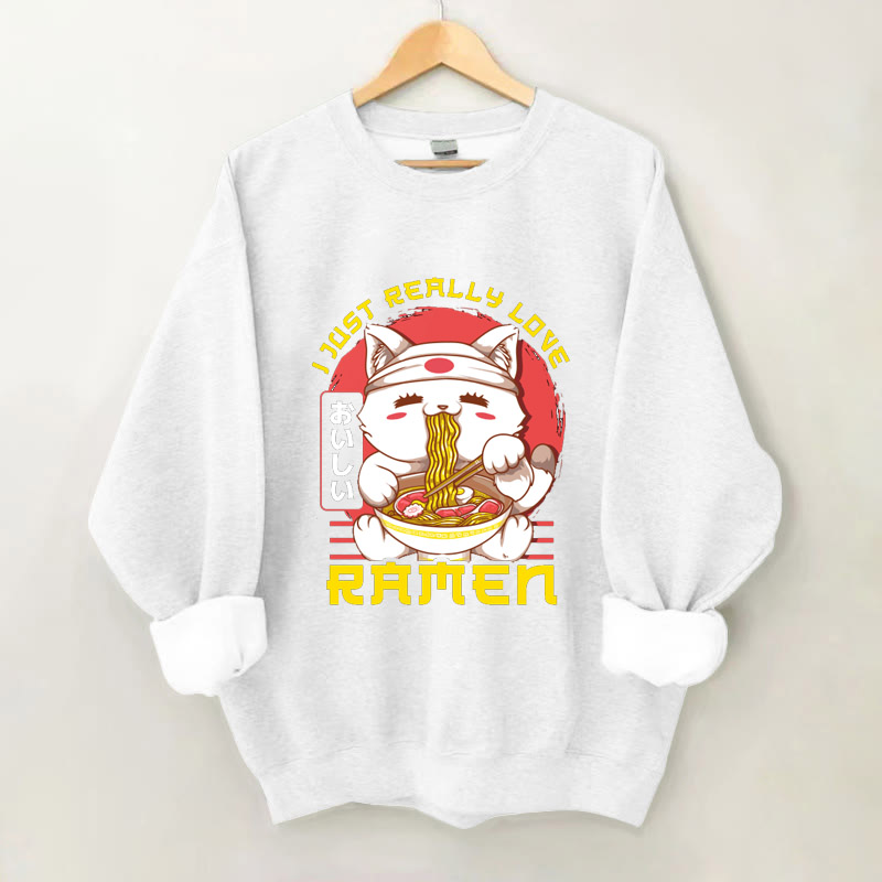 100% Cotton Japanese Cute Cat And Ramen Print Crew Neck Sweatshirt - White - 2XL - image 2