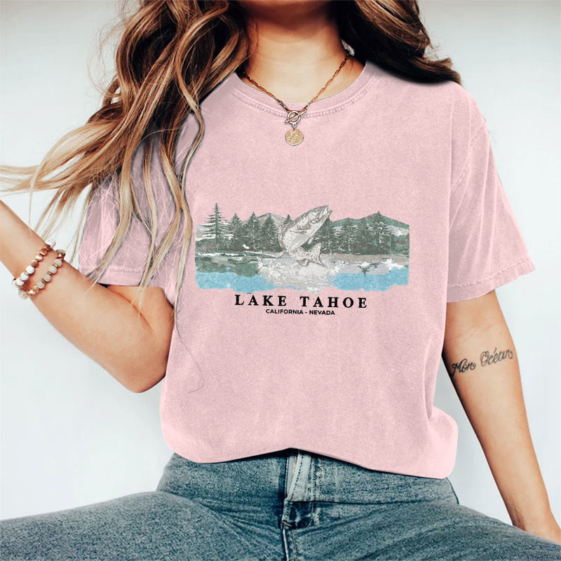100% Cotton Vintage Lake Tahoe Fish T-shirt - Pink - 2XL - image 7