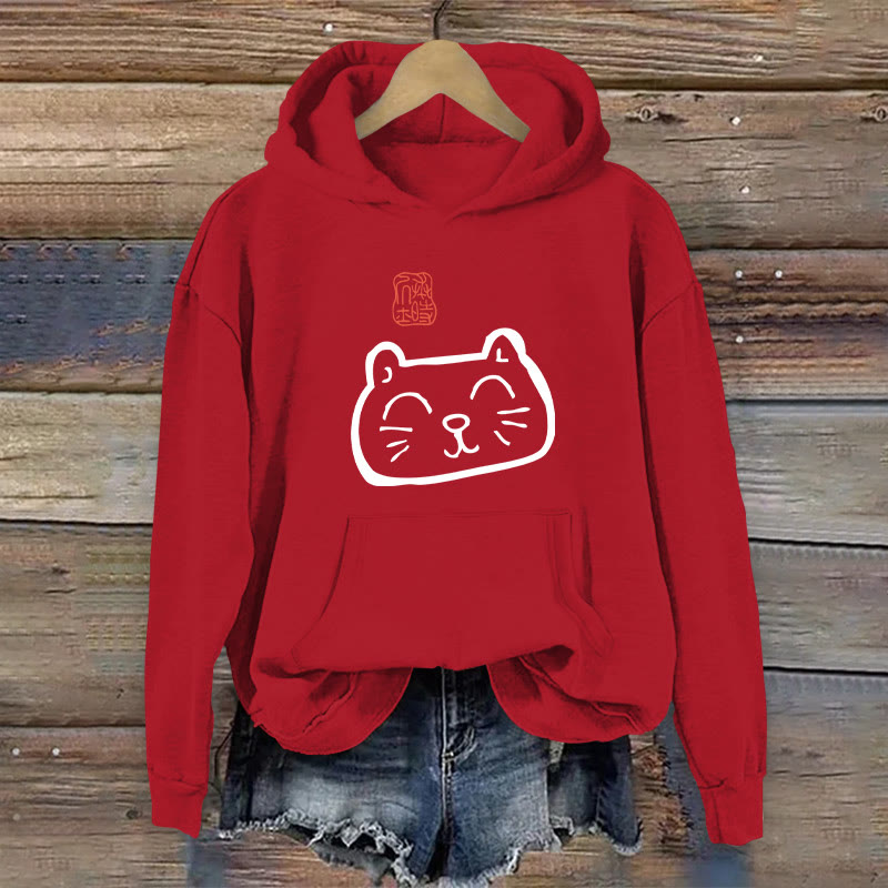 100% Cotton Japanese Cat Print Women's Hoodie - Red - 2XL - image 5