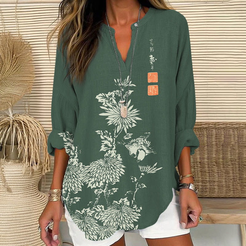 Vintage Chrysanthemum Printed V Neck Long Sleeve Blouse - Green - 8XL - image 3