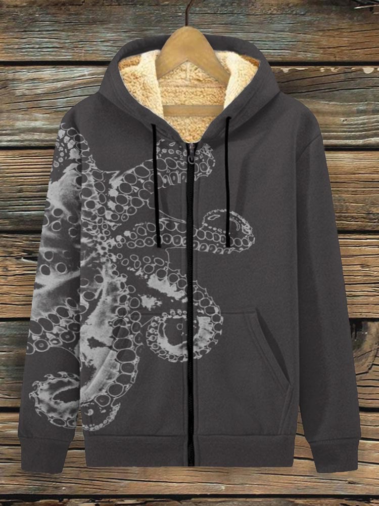 Octopus Asymmetric Print Fleece Jacket