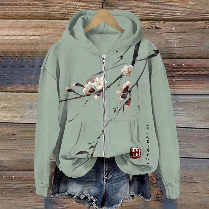 Vintage Plum Blossom Art Print Long Sleeve Zipper Hoodie - Green - US28-30(4XL) - image 5