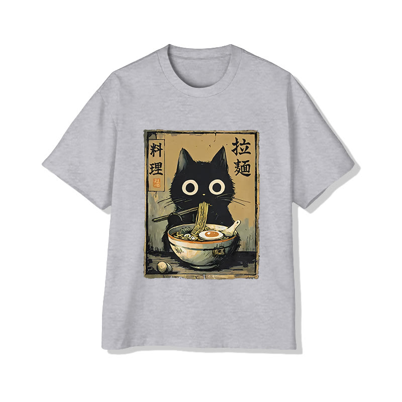 Unisex Cute Black Cat Eating Ramen Japan Classic Print Short Sleeve Crew Neck T-Shirt - Grey - 2XL - image 3