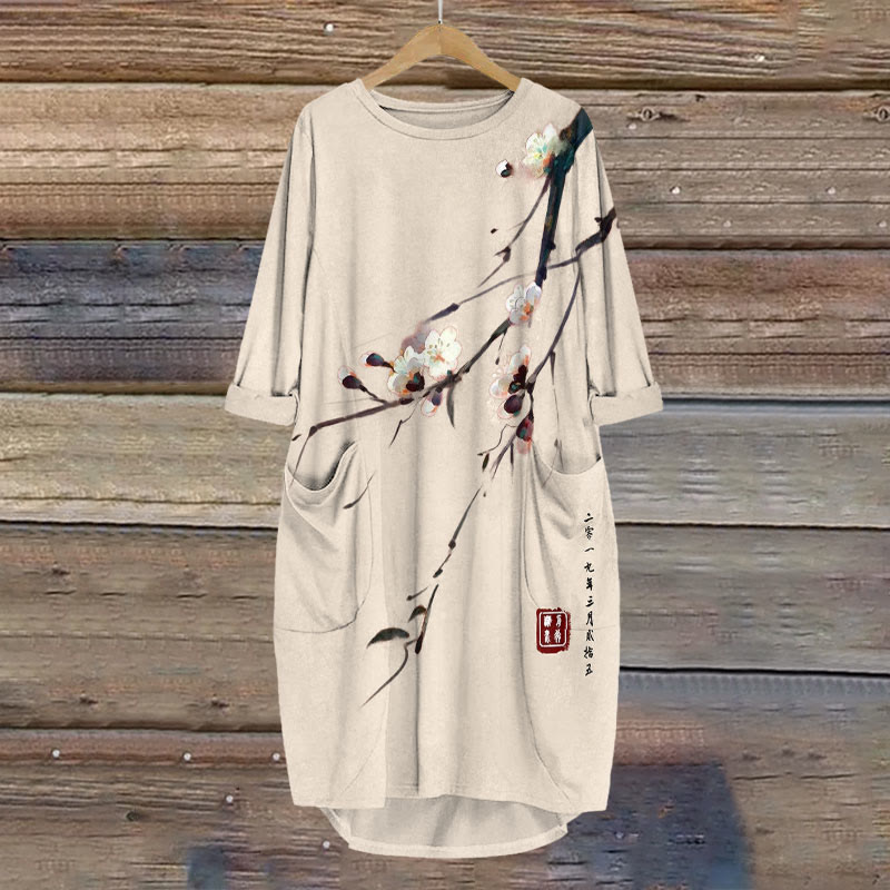 Vintage Plum Blossom Art Print Crew Neck Dress - Apricot - 8XL - image 4