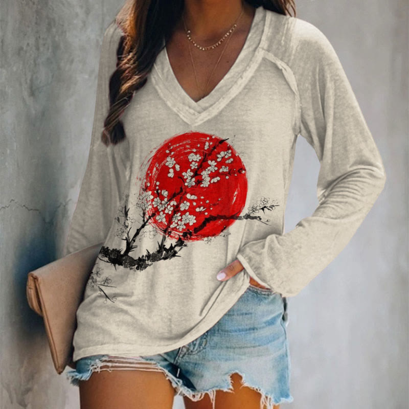 Sunrise Plum Blossom Japanese Art  Print Casual V-Neck Long Sleeve T-shirt