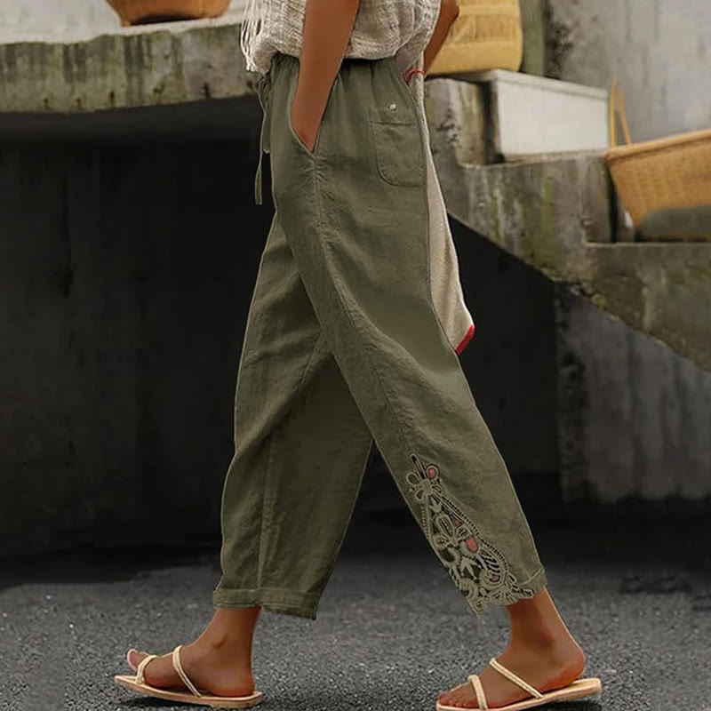 Elegant Solid Lace-trimmed Cuffs Pocket Loose-fitting Drawstrings Pants - Green - 2XL - image 6