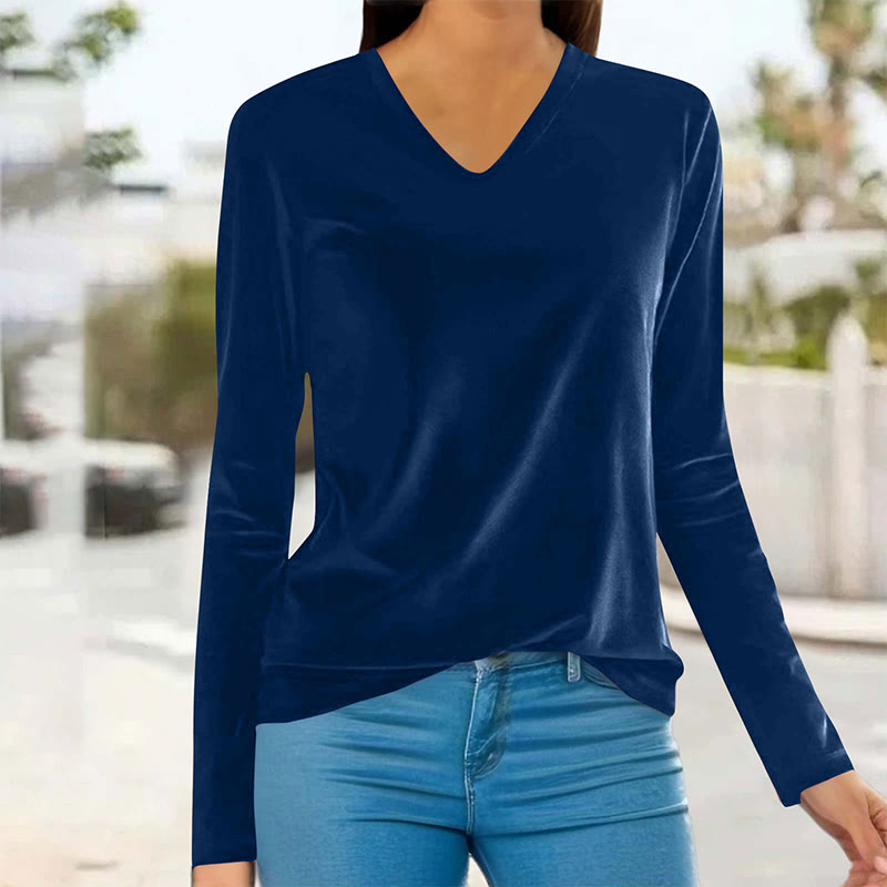 Velvet Solid Color Women's Versatile Slim Fit Long Sleeve V-Neck T-Shirt - Royal Blue - 3XL - image 5