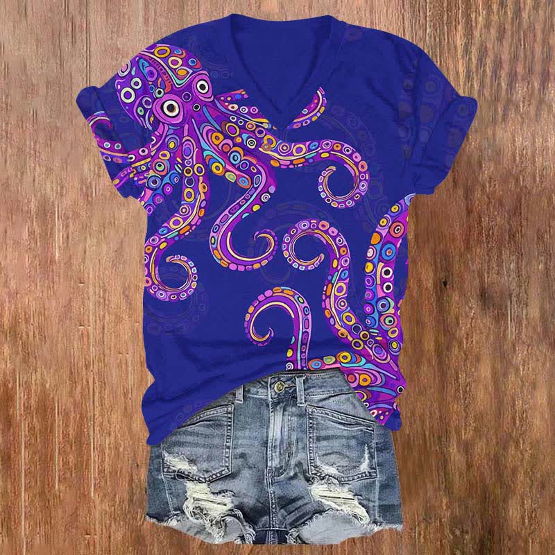 Vintage Funny Geometric Pattern Octopus Print V-neck T-shirt - Blue - US32-34(5XL) - image 4