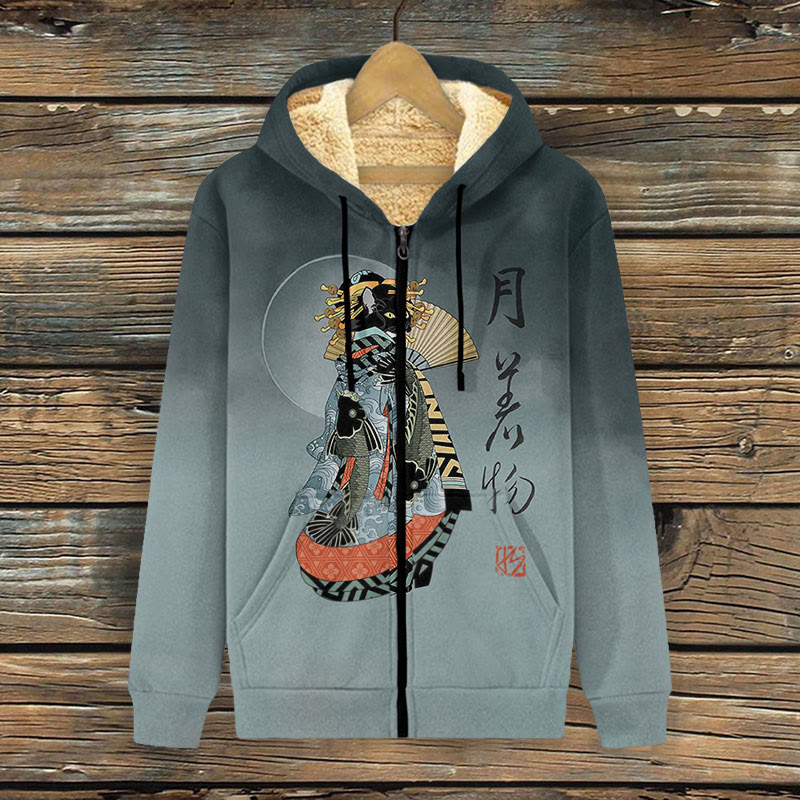 Japanese Ancient Geisha Kimono Black Cat Print Fleece Jacket - Black - 4XL - image 1