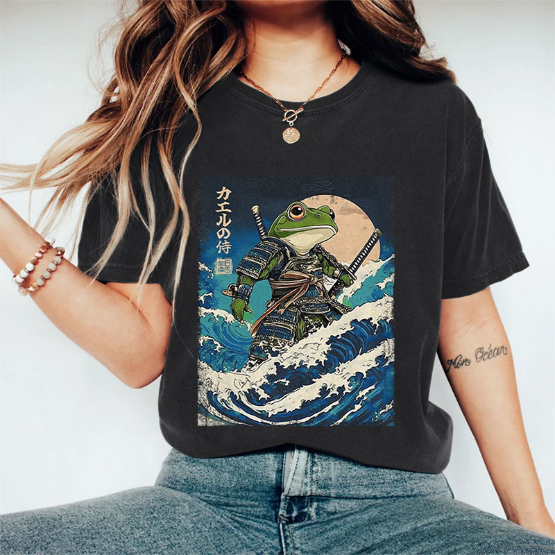 100% Cotton Women's Japanese Ocean Wave Samurai Frog Art Print Casual T-shirt - Black - 2XL - image 2