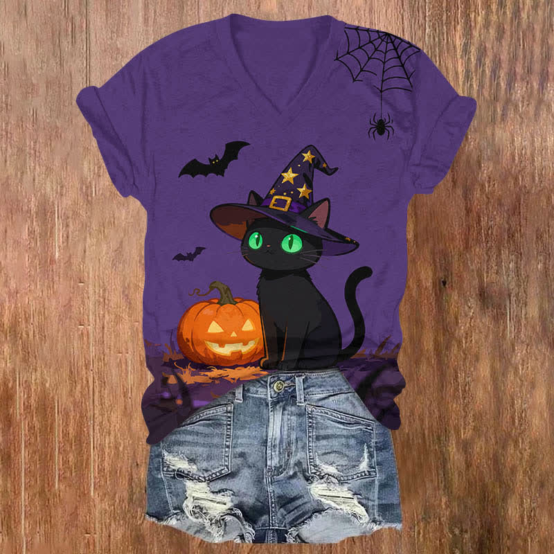 Halloween Wizard Black Cat & Pumpkin Print V-neck T-shirt - Purple - US32-34(5XL) - image 5