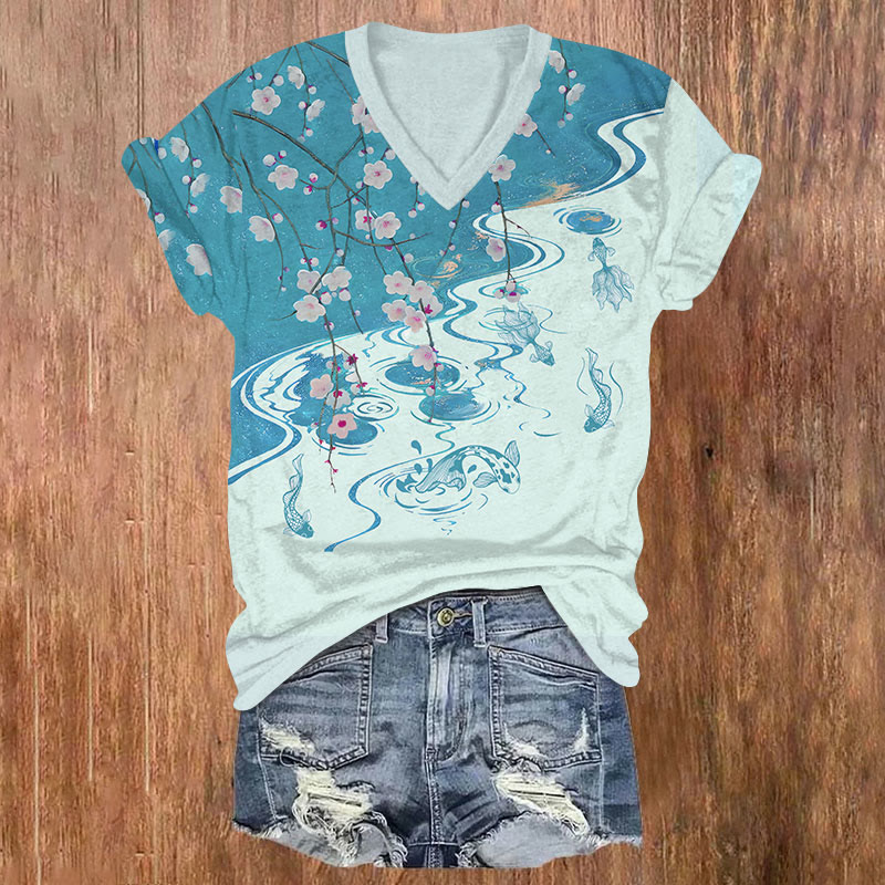 Vintage Japanese Sakura Goldfish Pond Art T-shirt - Blue - US32-34(5XL) - image 2