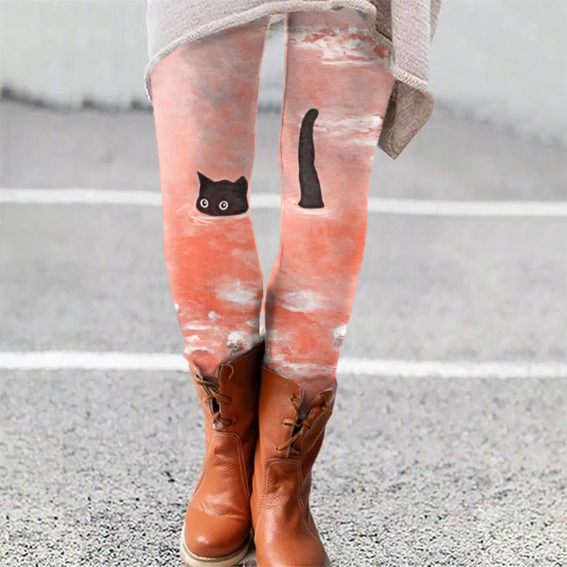 Women's Oil Painting Cat Print Leggings - Orange - 5XL - image 5