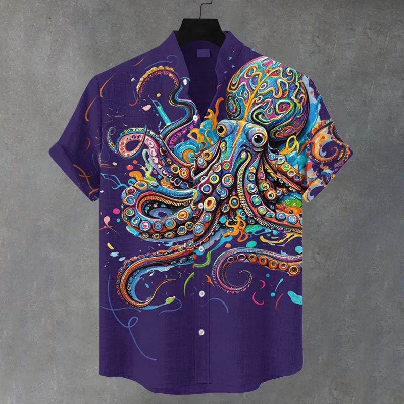 Men's Vintage Rainbow Octopus Print Casual Shirt - Purple - 5XL - image 3