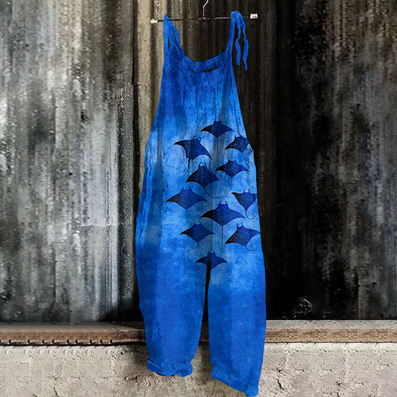 Vintage Manta Ray Art Print Casual Jumpsuit  - Blue - 5XL - image 3