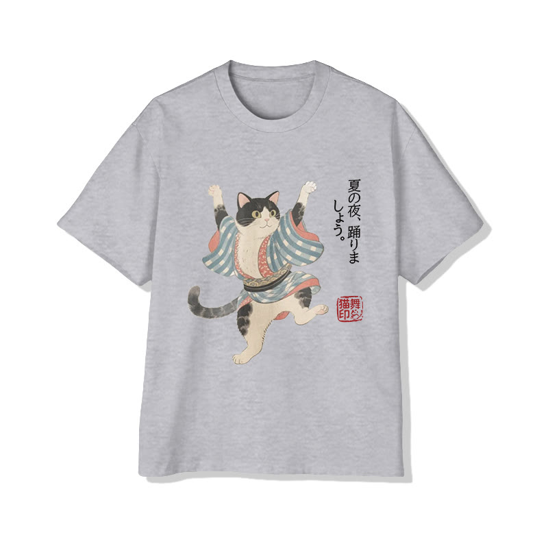 Unisex Japanese Funny Summer Festival Dancing Cat Art Pattern Cotton Print T-shirt - Grey - US20-22(3XL) - image 4
