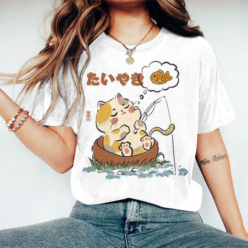 100% Cotton Women's Japanese Cat Fantasy Of Catching Fish Art Print Casual T-shirt - White - 2XL - image 4