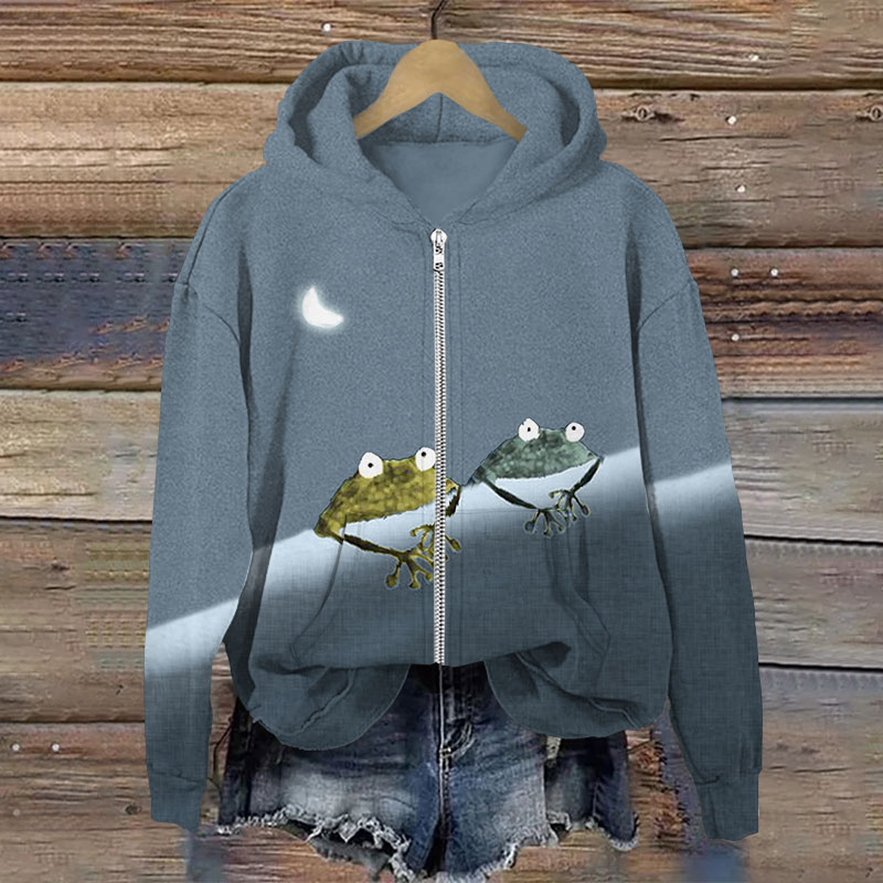 Simple Frog Color Block Print Long Sleeve Zipper Hoodie - Grey - US28-30(4XL) - image 4