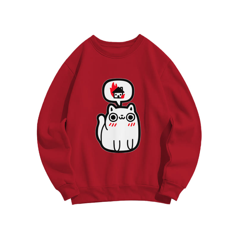 Unisex Cute Cat Print Long Sleeve Crew Neck Sweatshirt - Red - US16-18(2XL) - image 6