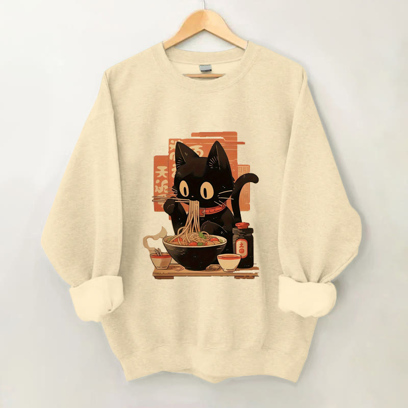 100% Cotton Japanese Ramen Cat Print Crew Neck Sweatshirt - Apricot - 2XL - image 1