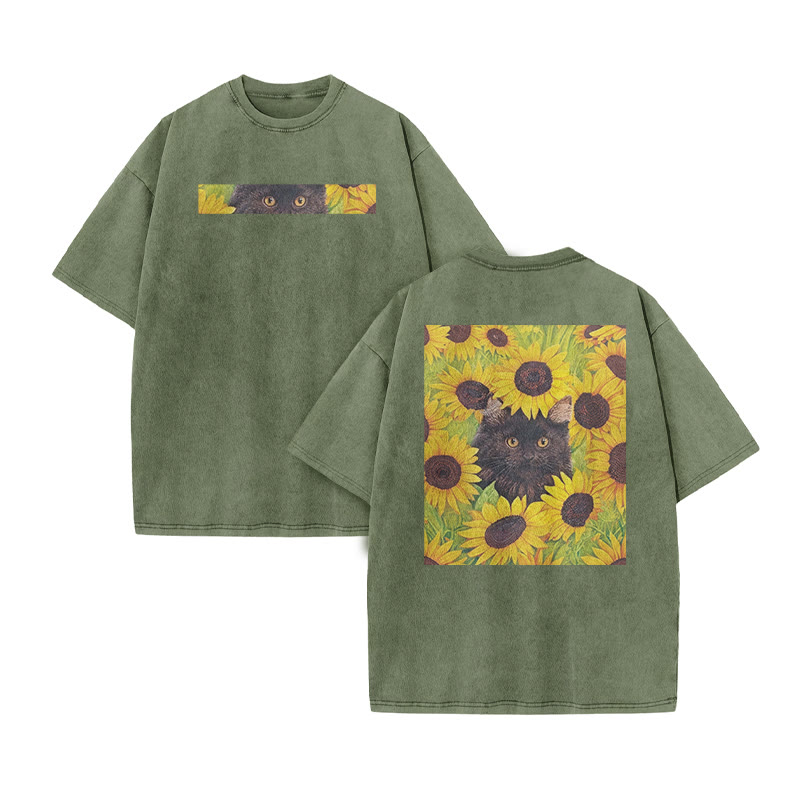 A Black Cat Hidden Among Clusters Of Sunflowers Print Acid Washed T-shirt - Army Green - US20-22(3XL) - image 5